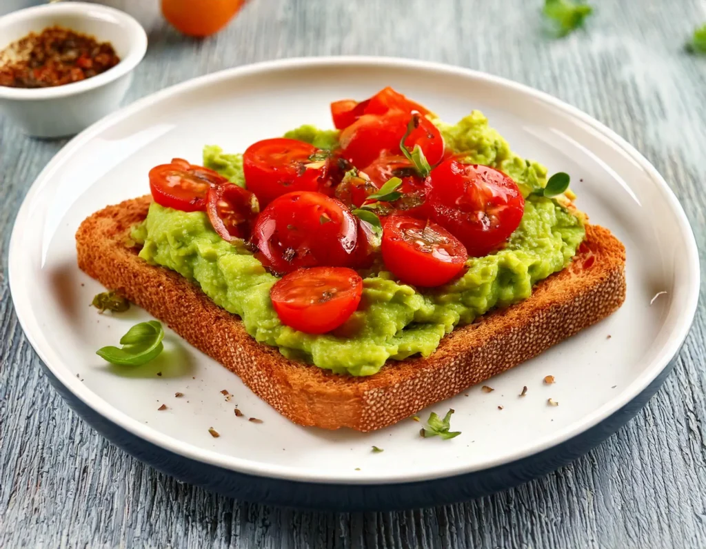 Toast con avocado e pomodori freschi, una delle colazioni vegane veloci e nutrienti.