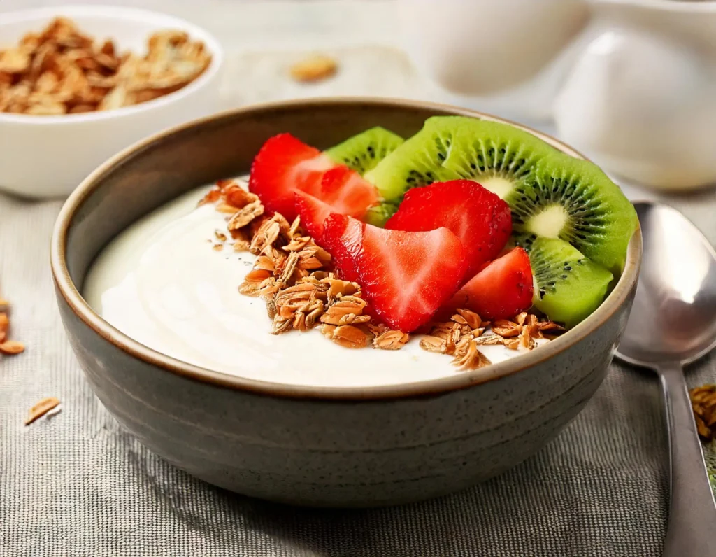 Yogurt vegano con frutta e granola, un'idea per una colazione vegana veloce e gustosa.
