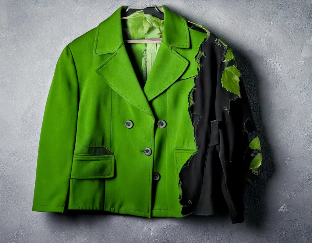 Giacca verde a metà consumata che rivela un lato nero e logoro con foglie, simbolo del greenwashing nella moda e delle false promesse di sostenibilità nella fast fashion.