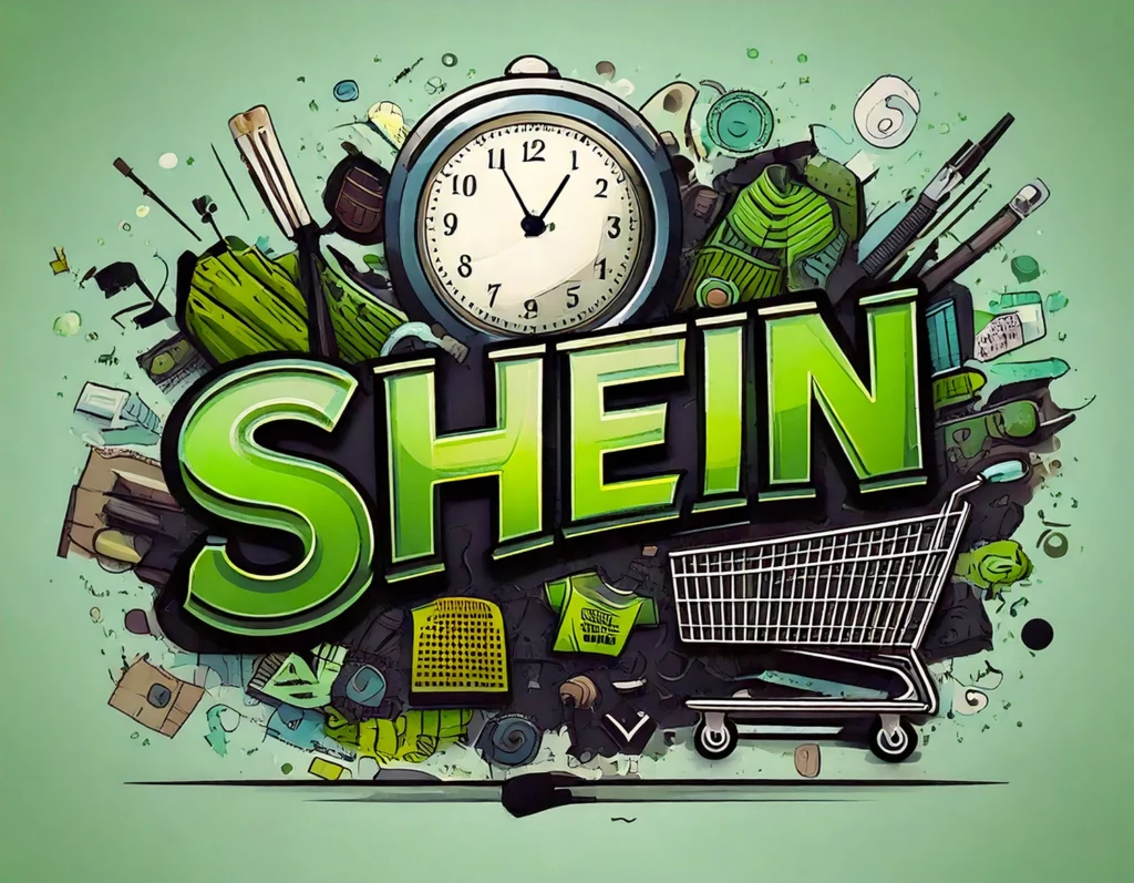 Illustrazione concettuale sul greenwashing della fast fashion con il logo "SHEIN" al centro, circondato da simboli del consumismo veloce: carrello della spesa, orologio che indica la fretta, abiti economici, packaging e oggetti di moda usa e getta. L'immagine richiama l'uso di colori verdi per evocare una finta sostenibilità.