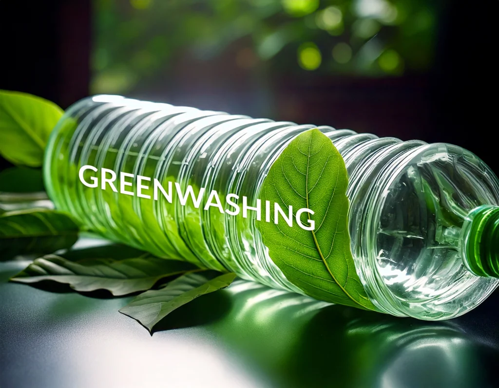 Immagine simbolica del greenwashing: bottiglia di plastica con foglie verdi, rappresentazione delle strategie ingannevoli usate anche nella fast fashion e nella moda etica.