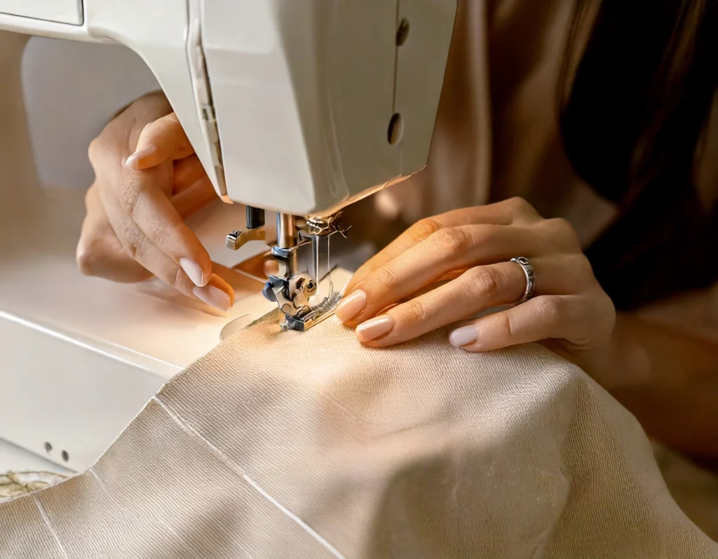 Mani di una donna che cuciono a macchina un capo in lino naturale, simbolo dell’artigianalità dei brand di moda sostenibile e dell’abbigliamento sostenibile Made in Italy