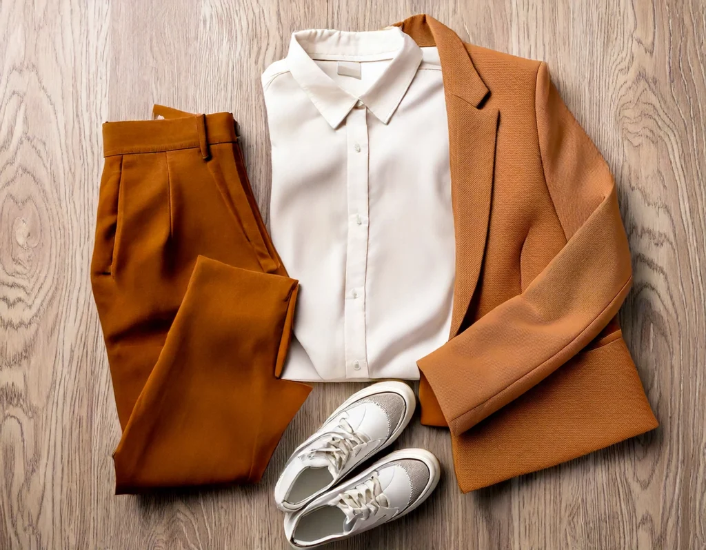 Outfit essenziale da armadio capsula: pantaloni color terracotta, camicia bianca, blazer coordinato e sneakers bianche. Esempio di guardaroba minimal per uno stile semplice e versatile.