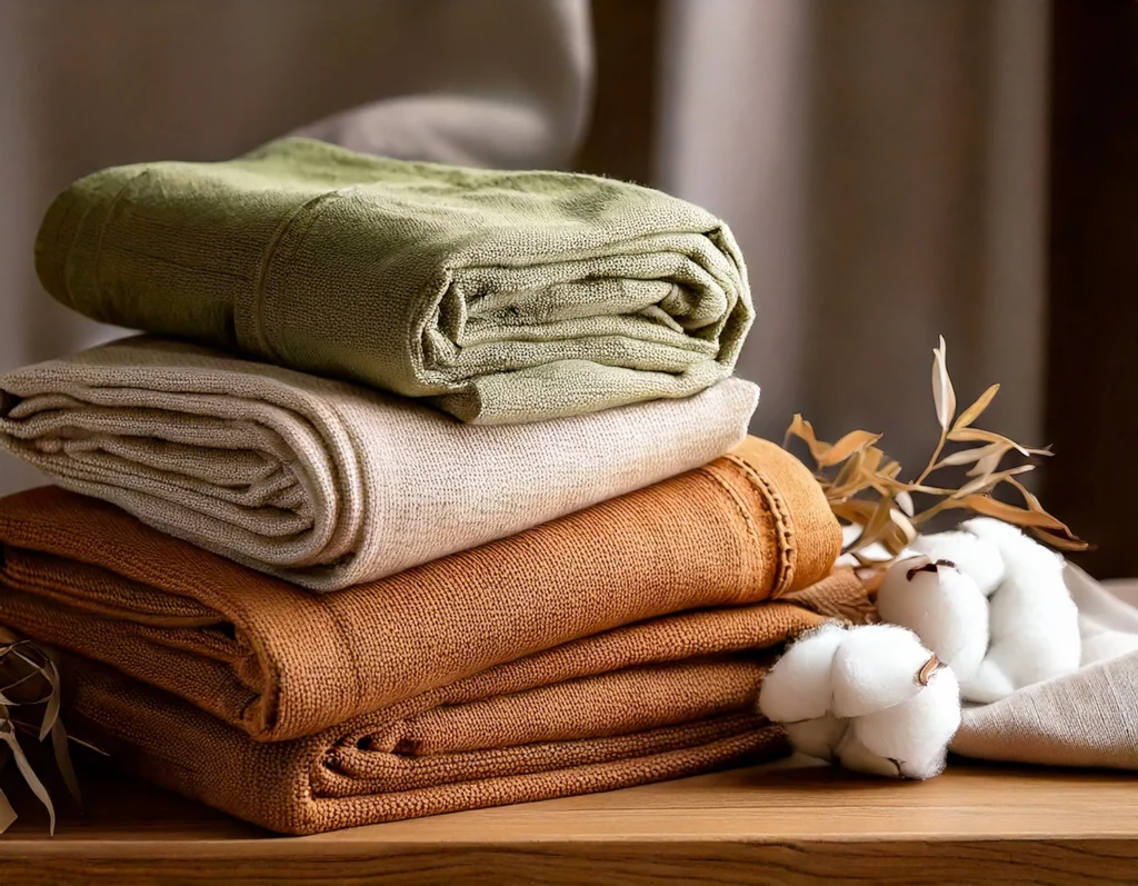 Pile di tessuti naturali piegati ordinatamente in cotone biologico, lino e canapa. Esempio di materiali sostenibili, materiali eco-friendly e alternative sostenibili per un arredamento e un abbigliamento ecologico.
