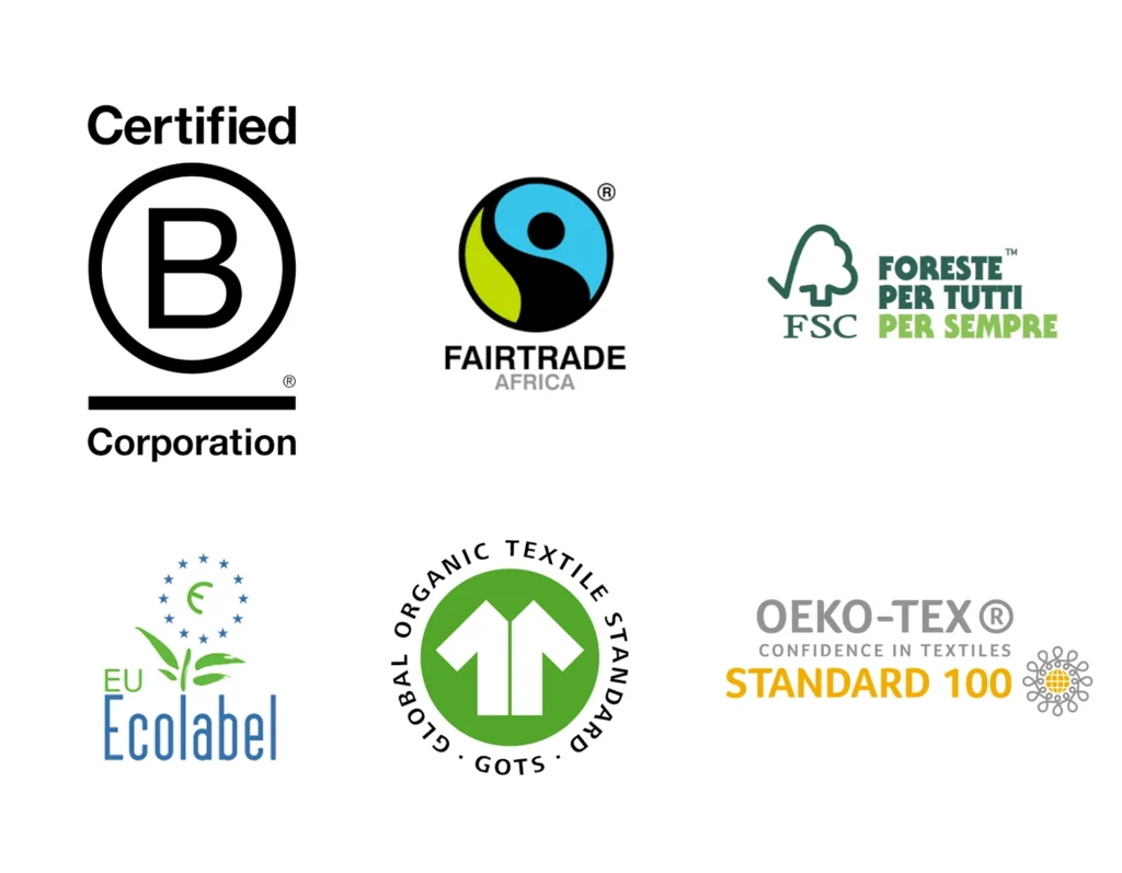 Principali certificazioni di sostenibilità per moda e prodotti eco-friendly: B Corporation, Fairtrade, FSC, EU Ecolabel, GOTS, OEKO-TEX Standard 100.