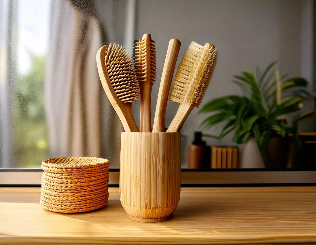 Set di spazzole e accessori per la cura personale in bambù, esempio di materiali sostenibili e materiali eco-friendly per oggetti di uso quotidiano. Alternative sostenibili alla plastica per una scelta ecologica