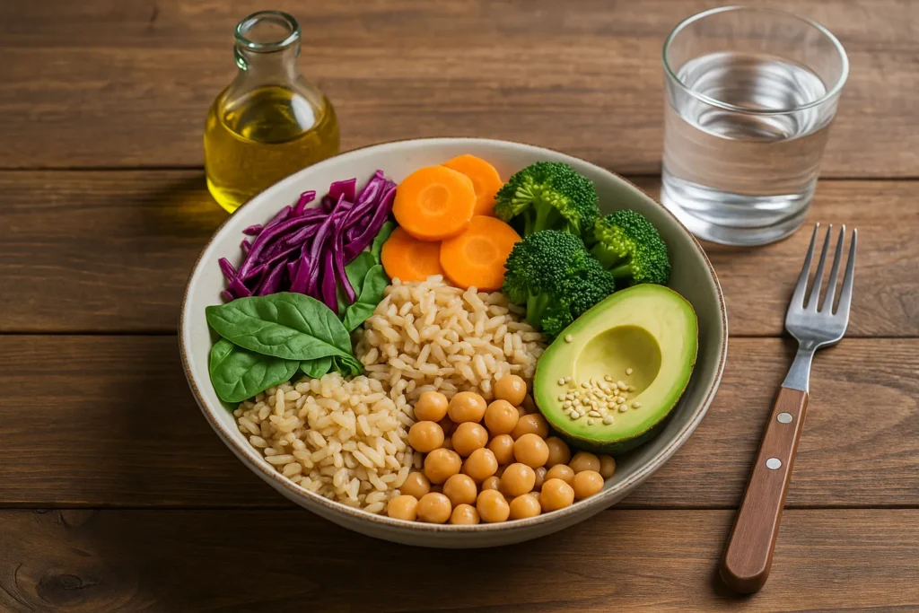 Piatto della dieta vegana sana con riso, ceci, avocado e verdure di stagione su tavolo rustico.
