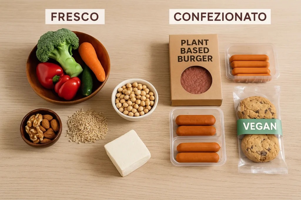Confronto tra cibi vegani freschi e confezionati su tavolo in legno chiaro.