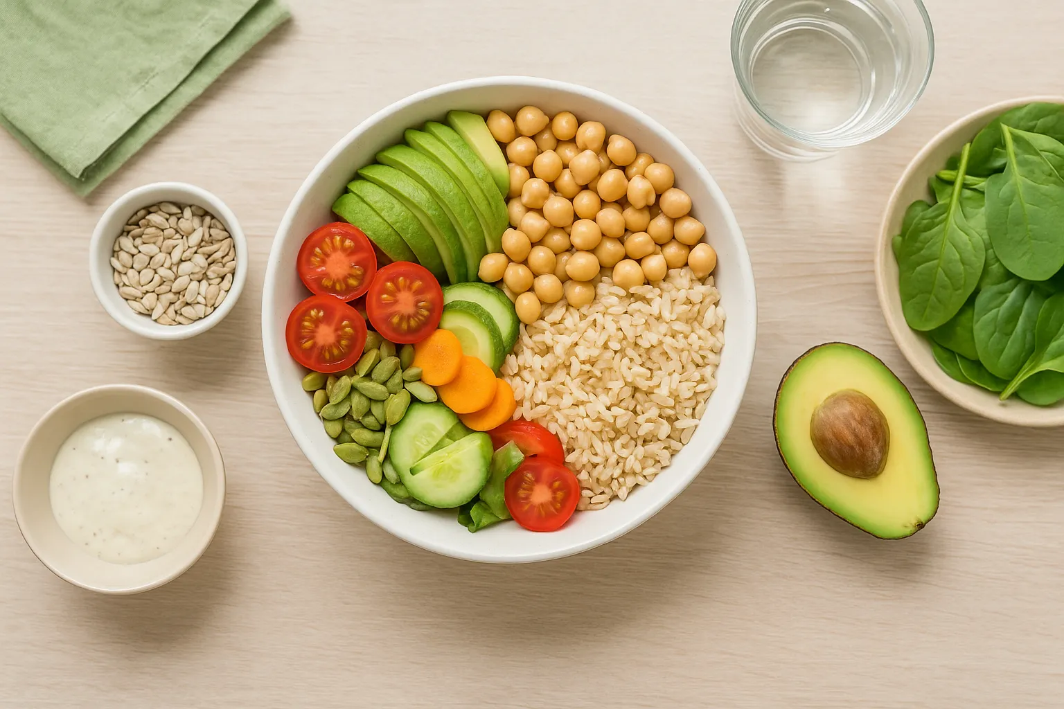 Piatto vegano sano con riso integrale, ceci, avocado e verdure fresche su tavolo in legno chiaro.