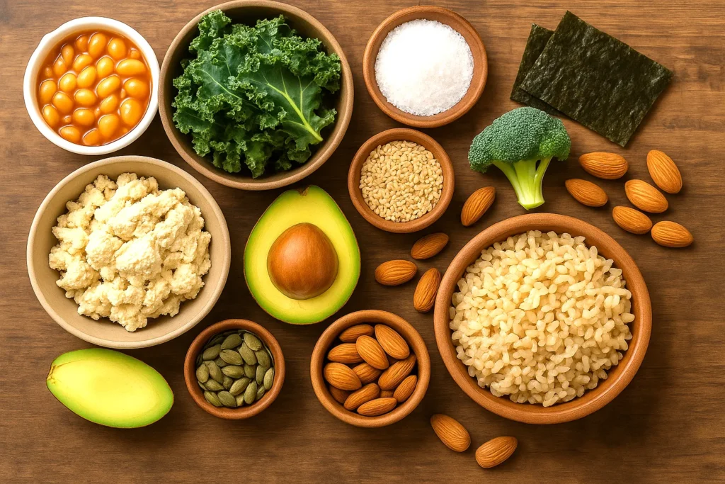 Alimenti ricchi di micronutrienti per una dieta vegana sana: riso, tofu, avocado, semi, legumi e verdure su tavolo in legno chiaro.