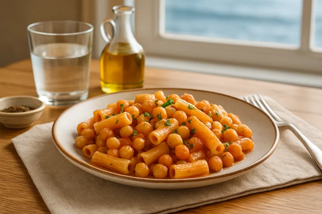 Piatto di pasta e ceci su tavolo apparecchiato con vista mare, esempio di dieta vegana sana.