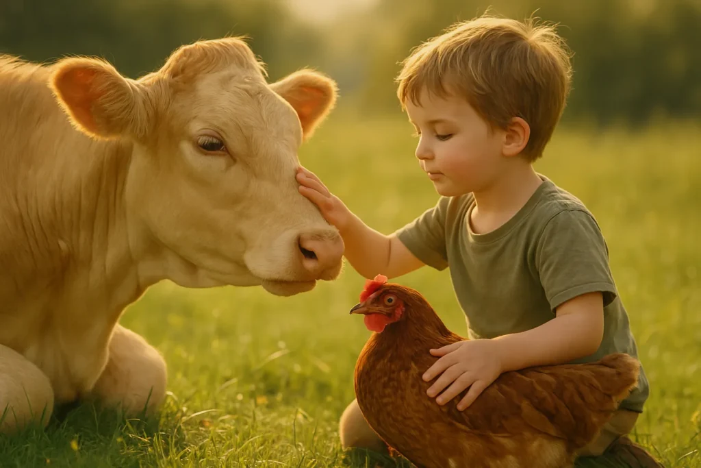 Bambino che accarezza una mucca mentre tiene in braccio una gallina, simbolo di empatia, rispetto e giustizia per gli animali.