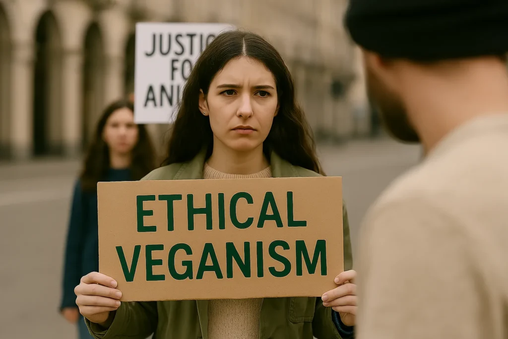 Donna che dialoga con un gruppo di persone in modo pacato, simbolo di empatia e consapevolezza nella diffusione del veganismo etico.
