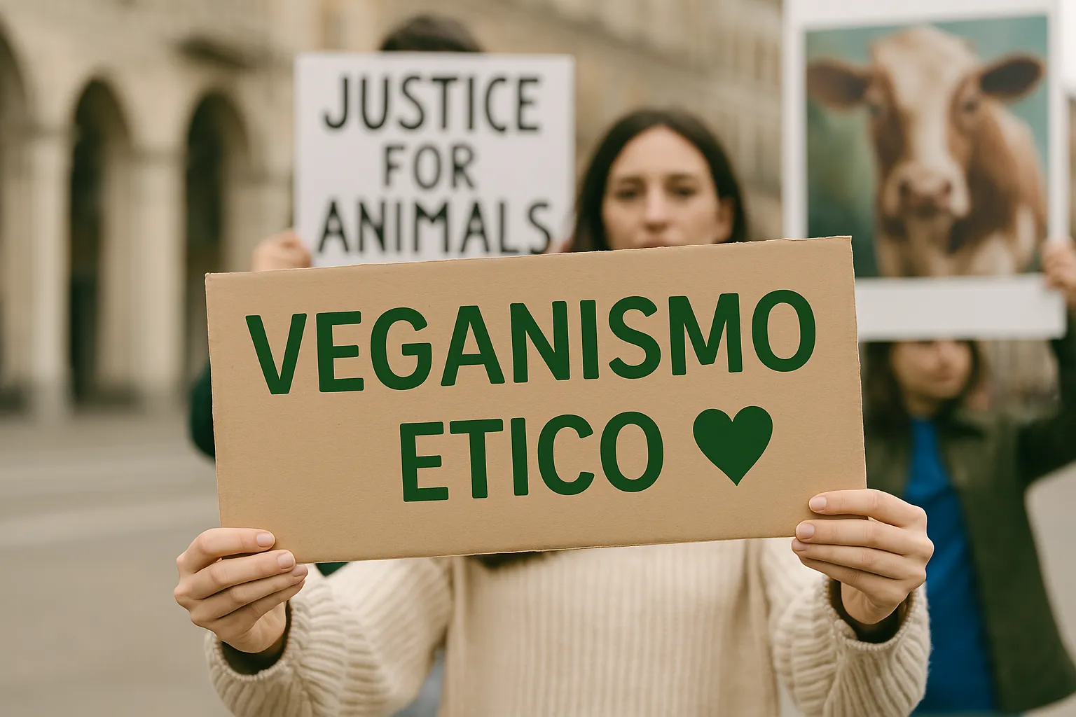 Manifestante che sostiene il veganismo etico con un cartello in difesa degli animali, simbolo di giustizia e diritti animali.