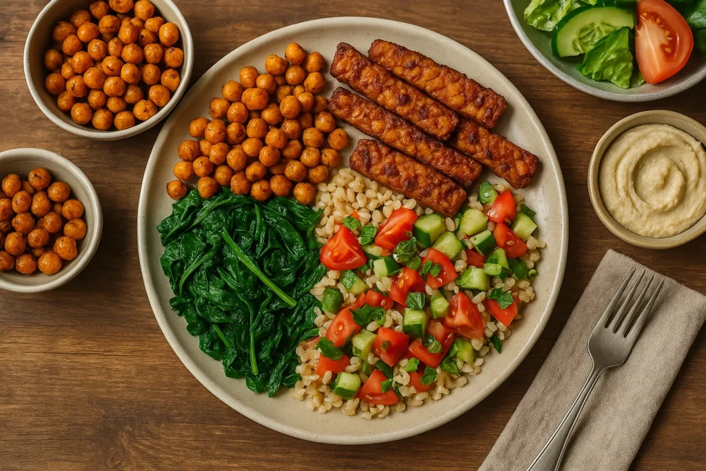 Piatto vegano colorato su tavola rustica, con ceci croccanti, tempeh grigliato, verdure fresche e hummus: un esempio concreto di come vivere senza carne sia sano, gustoso e possibile.