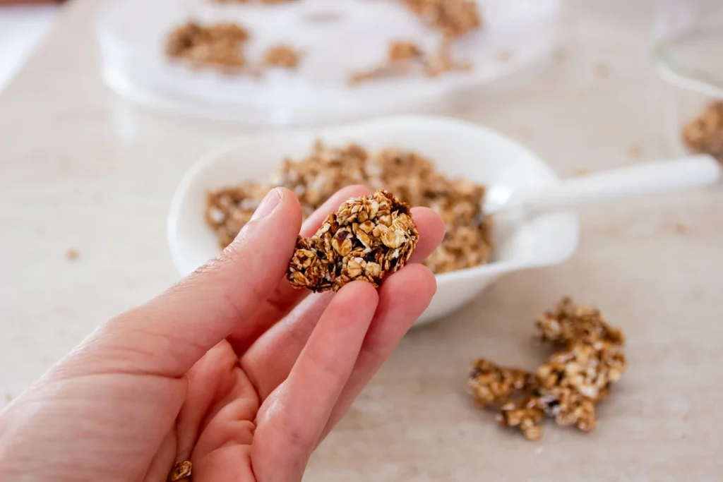 Pezzetto di granola fatta in casa tenuto tra le dita, con ciotola e vassoio dell’essiccatore sullo sfondo