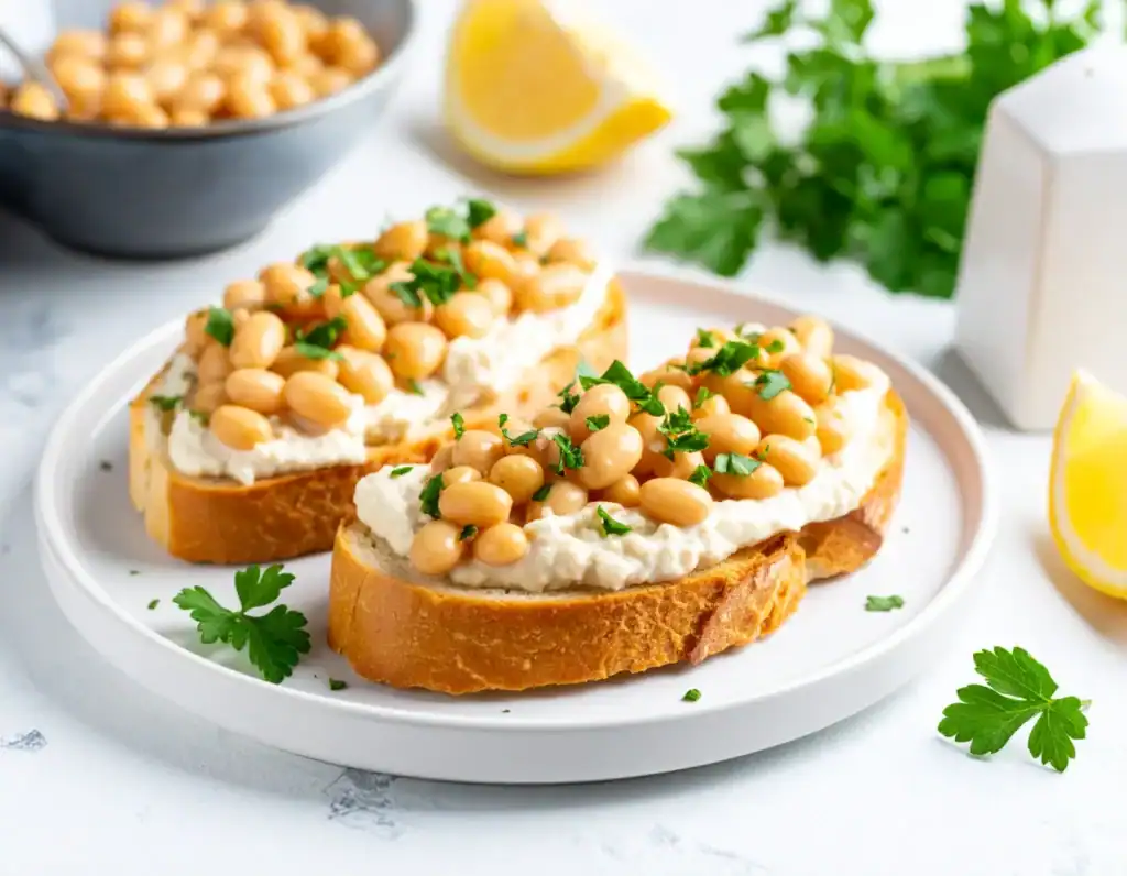 Ricette vegane estive: bruschette con crema di fagioli cannellini, limone e prezzemolo fresco su piatto bianco