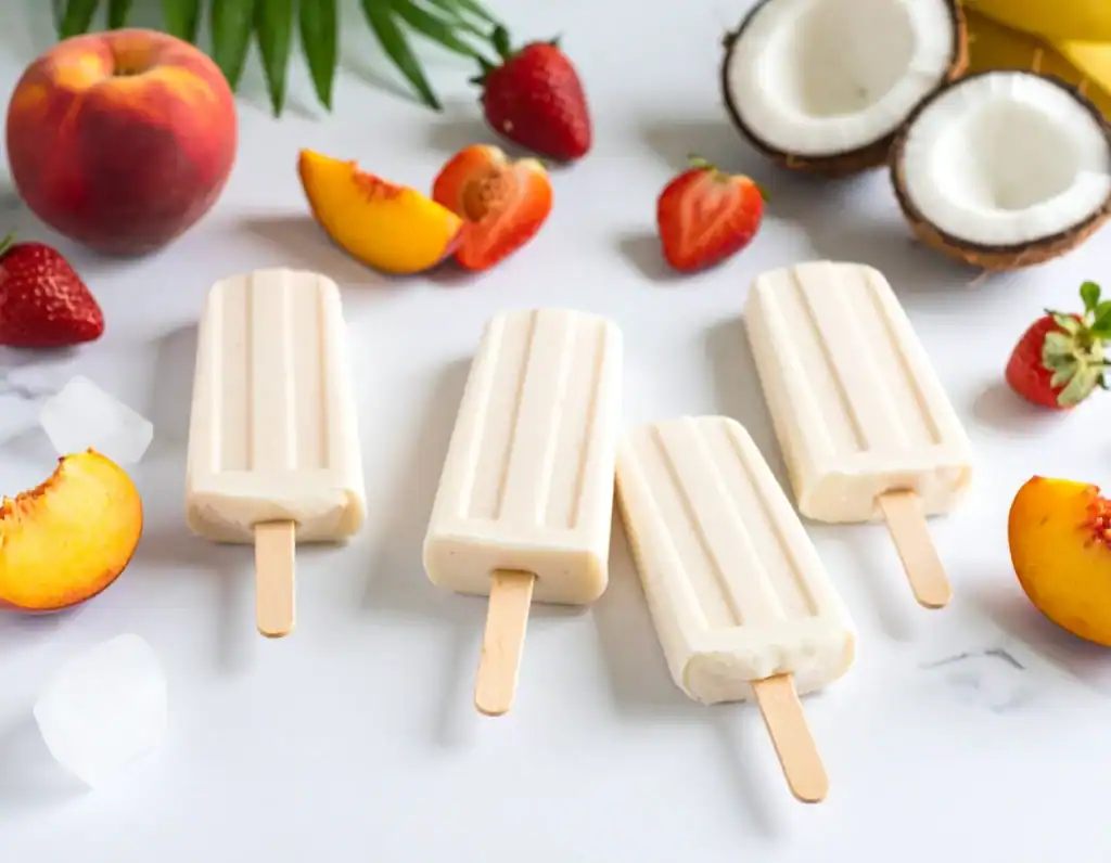 Ricette vegane estive: ghiaccioli alla frutta con latte di cocco, pesche, fragole e cocco fresco su sfondo bianco