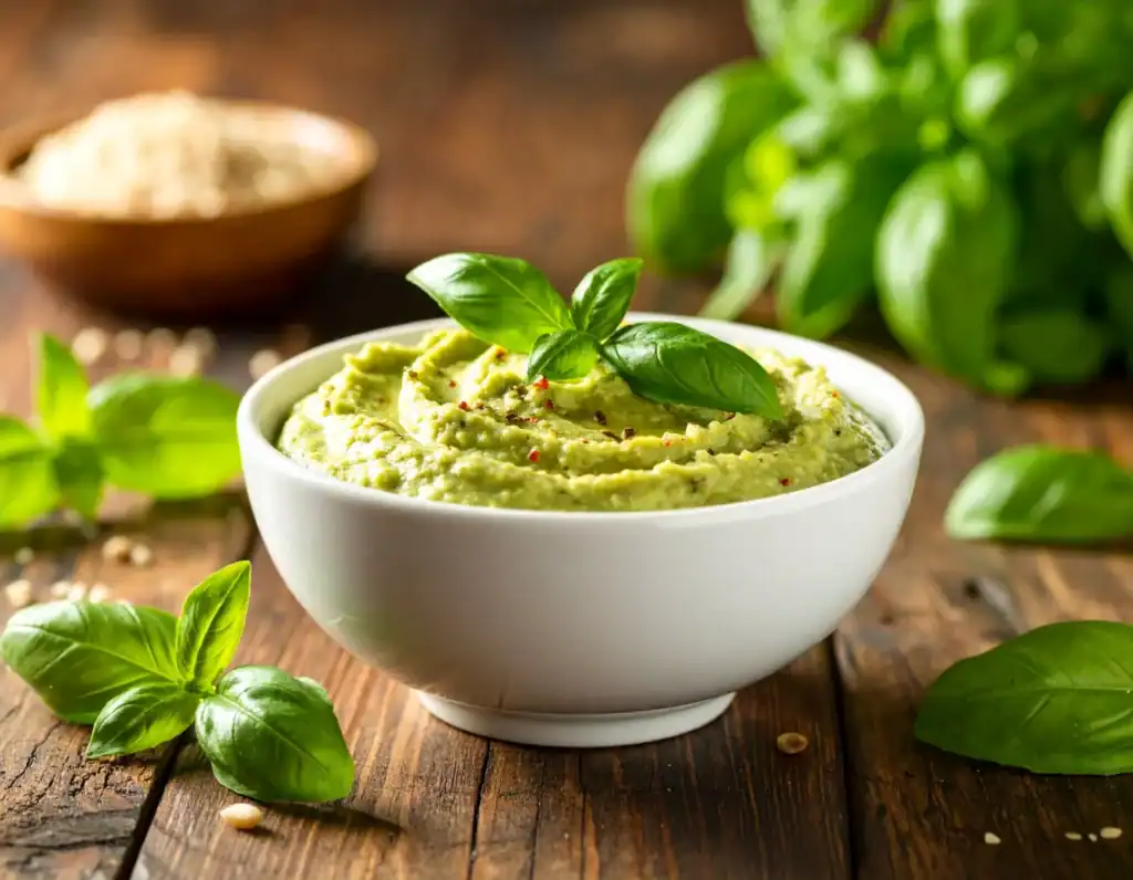 Ricette vegane estive: hummus al basilico servito in una ciotolina bianca su tavola rustica di legno