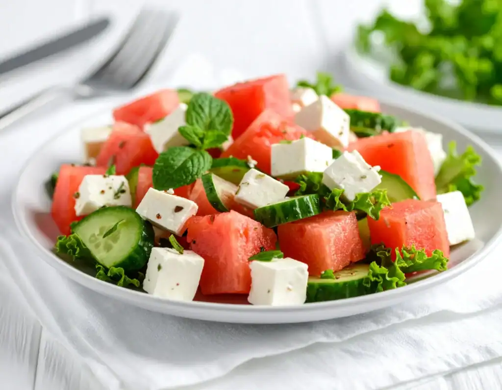 Ricette vegane estive: insalata fresca con anguria, cetriolo, feta vegetale e foglie di menta su piatto bianco