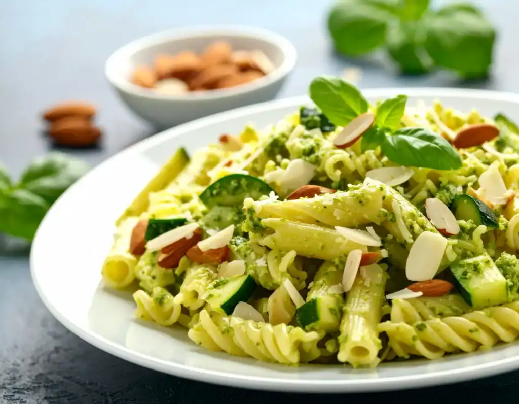 Ricette vegane estive: pasta fredda con pesto di zucchine crude, mandorle e basilico servita su piatto bianco