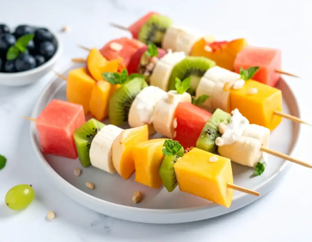 Ricette vegane estive: spiedini di frutta fresca con banana, kiwi, anguria, melone e crema di anacardi, serviti su piatto bianco