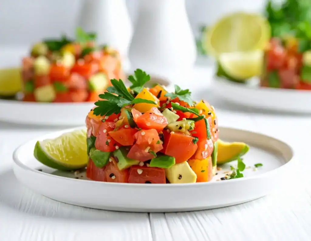 Ricette vegane estive: tartare fresca di pomodori, avocado e cetriolo con lime e semi di canapa servita su piatto bianco