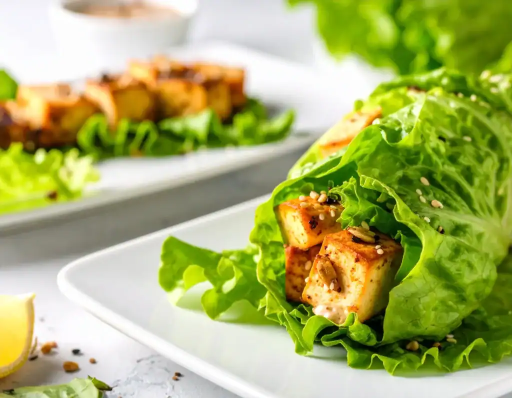 Ricette vegane estive: wrap di lattuga con tofu grigliato, salsa tahina e semi di sesamo su piatto bianco