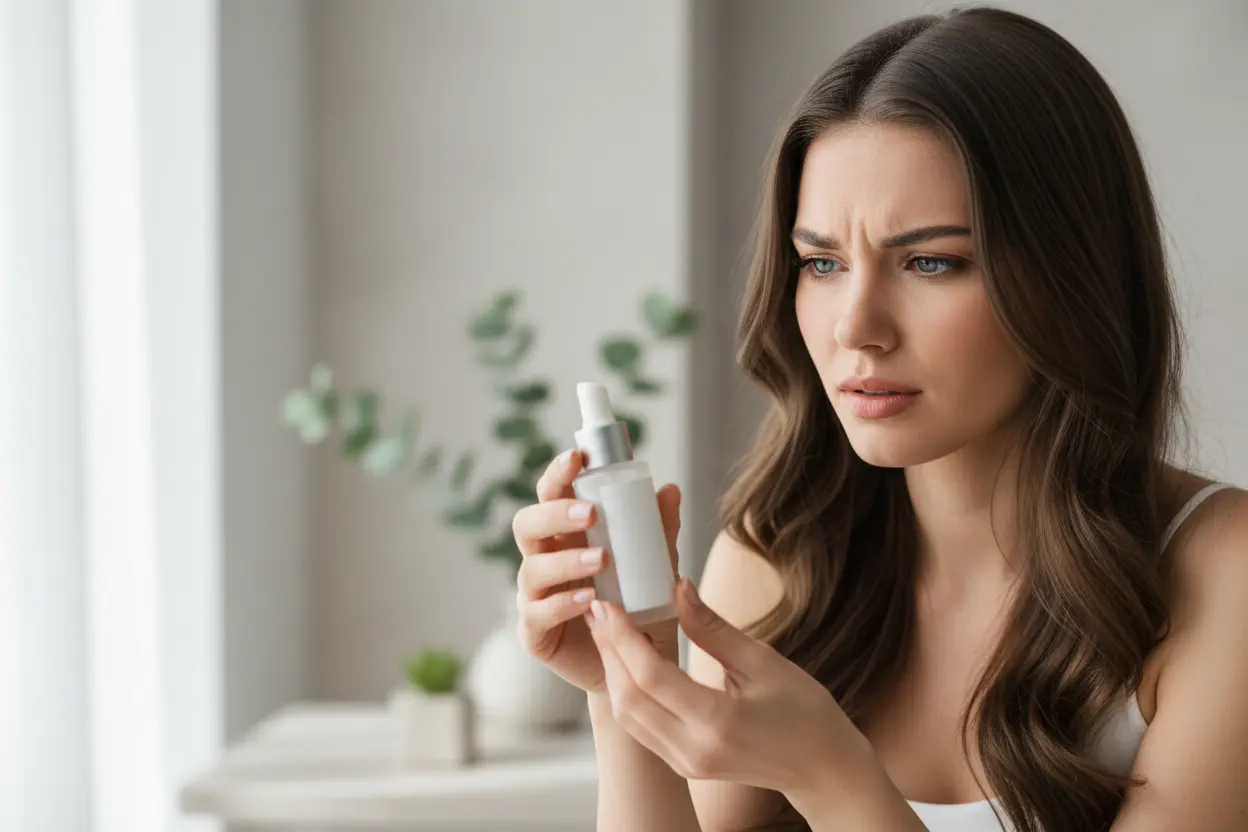 Donna che legge l’etichetta di un cosmetico per verificare le certificazioni vegane ed evitare il greenwashing