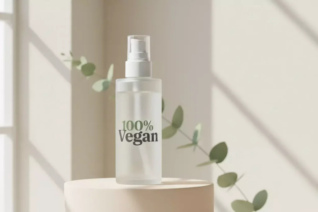 Flacone di cosmetico minimalista con la scritta "100% Vegan" senza loghi di certificazioni vegane ufficiali, esempio di potenziale greenwashing nella cosmesi.