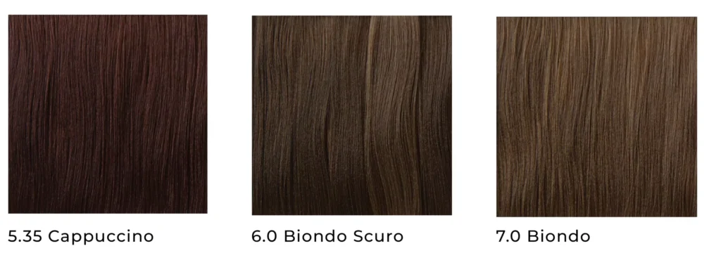 Campioni di colore delle nuance 5.35 Cappuccino, 6.0 Biondo Scuro e 7.0 Biondo della tinta vegana Lucens Umbra.