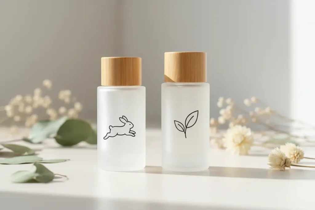 Confronto tra due flaconi di cosmetici minimalisti: uno con il simbolo del coniglietto cruelty-free e uno con il simbolo delle foglie vegan.
