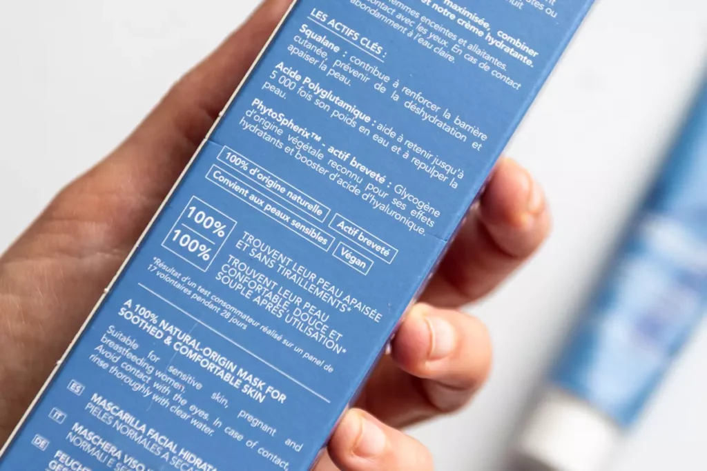 Ingredienti attivi maschera viso idratante bio Endro Cosmétiques: squalano, acido poliglutammico e PhytoSpherix su confezione