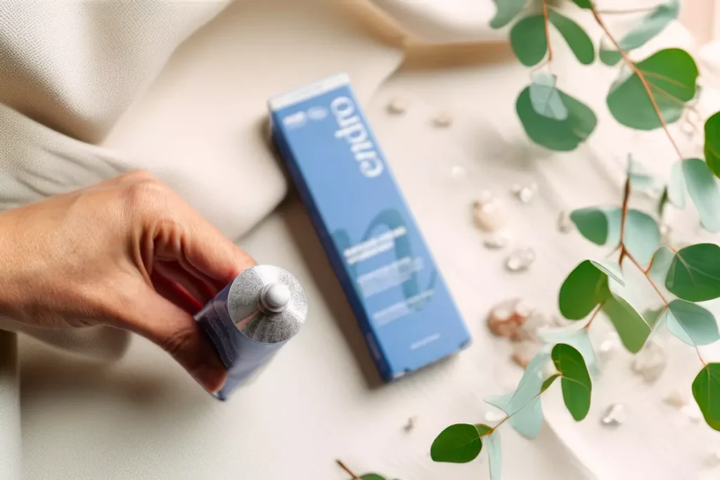 Texture cremosa maschera viso notte vegana Endro Cosmétiques con tubetto in alluminio su sfondo naturale con eucalipto