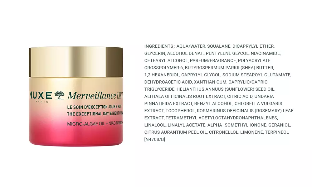 Nuxe Merveillance Lift, crema giorno e notte con Micro-Algae Oil e Niacinamide, formula vegana senza ingredienti o derivati di origine animale