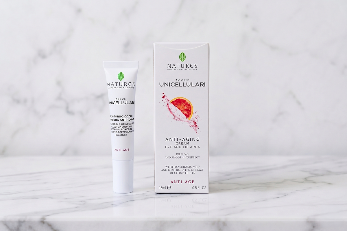 Contorno occhi e labbra Nature's Acque Unicellulari antirughe, tubetto e confezione da 15 ml su marmo