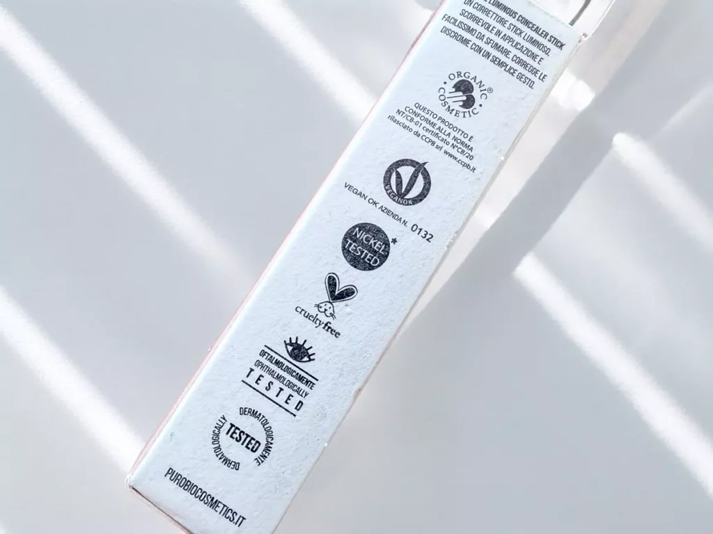 Retro confezione Sublime Luminous PuroBio, correttore vegano con certificazioni Vegan OK, Nickel Tested, Cruelty Free e Dermatologically Tested
