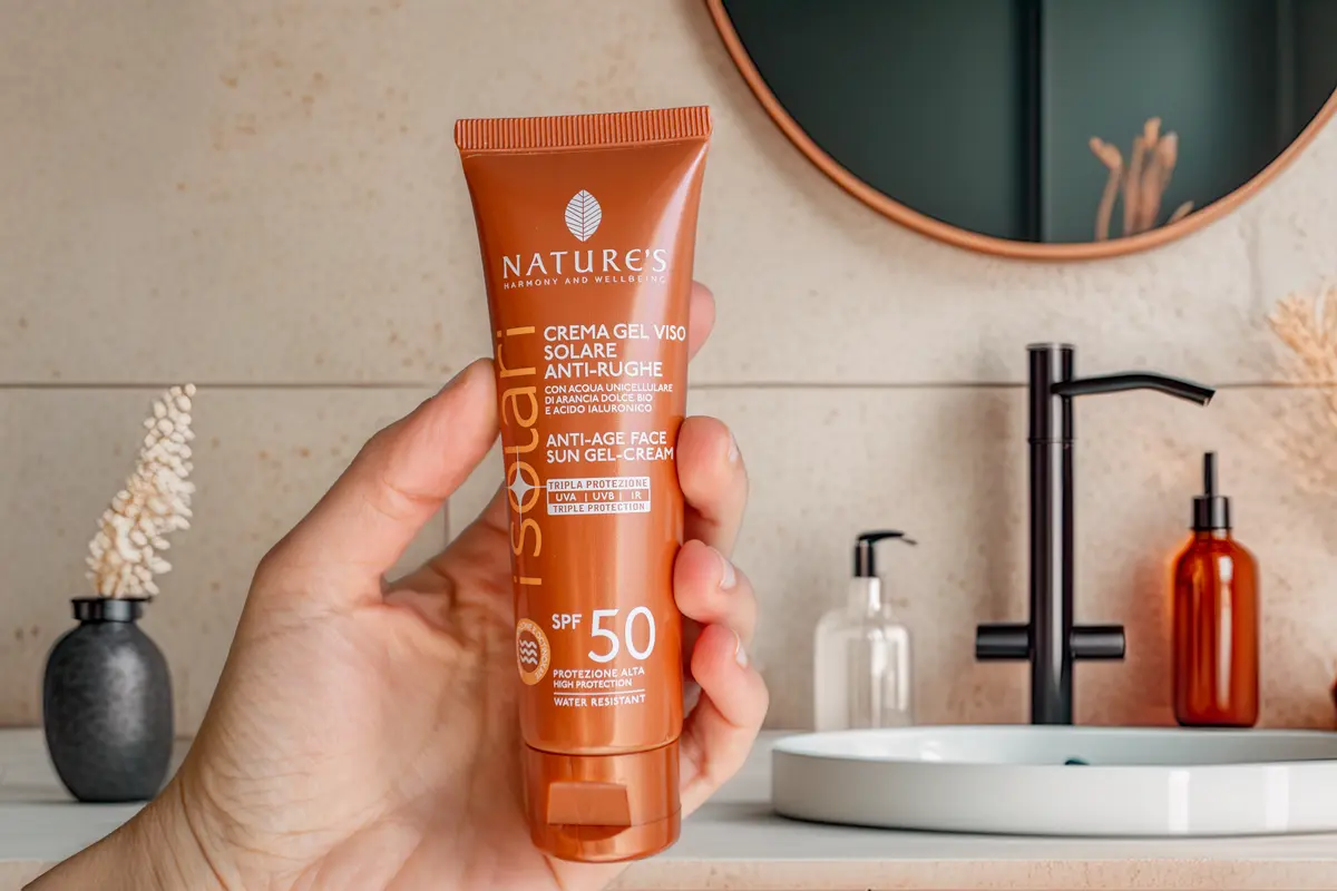 Crema solare viso anti-age SPF 50 iSolari, tubo arancione con acqua unicellulare di arancia dolce bio e acido ialuronico, formula vegan water resistant