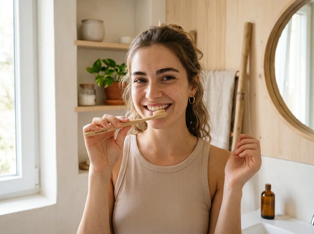 Ragazza nel bagno con sorriso naturale e spazzolino di bambù, ambiente naturale e minimalista, per articolo su dentifrici vegan e bio sostenibili.