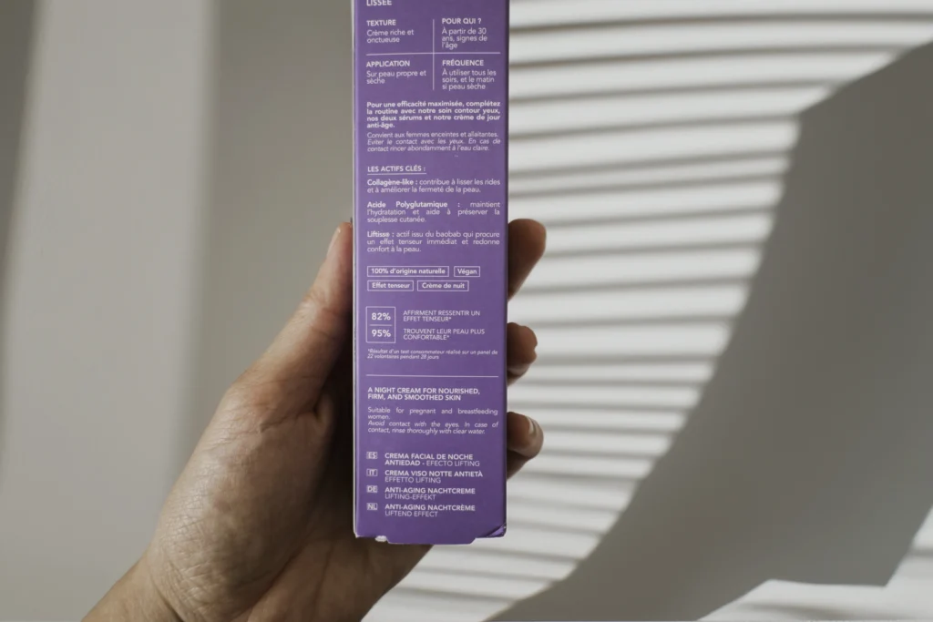 Confezione della crema notte anti age di Endro Cosmétiques con ingredienti attivi e dati del test consumatori