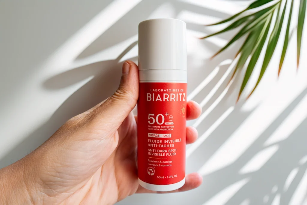crema solare viso antimacchie SPF50 Laboratoires de Biarritz tenuta in mano nella luce del mattino